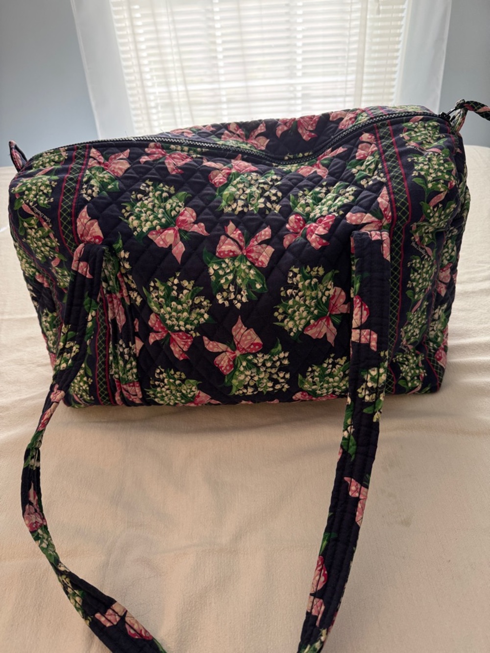 Vera Bradley Navy Quilted Floral Travel Tote with Pink Bows